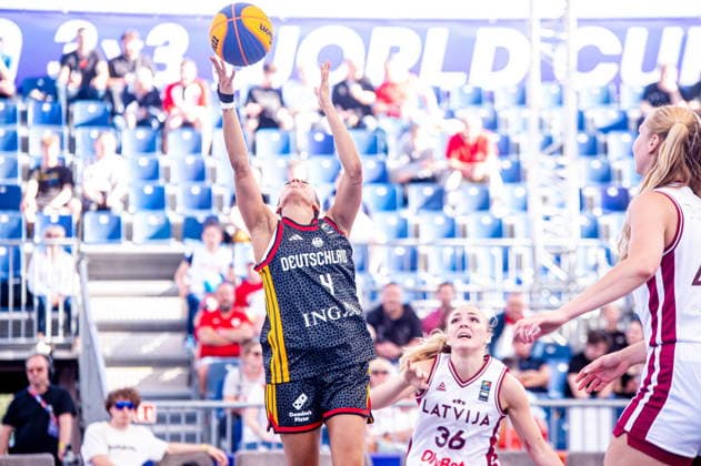 Warszawa 03.06.2026. 3x3 Basketball World Cup Day 3 in Warsaw, Poland. Germany - Latvia match --- Mistrzostwa Swiata w koszykowce 3x3 Dzien 3 w Warszawie. Mecz Niemcy - Lotwa Persons Shown : Laura Zolper Paula Cirsa Fot. Kai Taller Arena Akcji NEWSPIX.PL --- newspix.pl 
