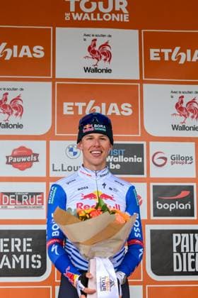New Zealander Laurence Pithie of Red Bull-BORA-hansgrohe pictured on the podium after the third stage of the Tour De Wallonie cycling race, from Habay to Vaux-sur-SÃ»re (176,9 km), on Wednesday 03 June 2026. DAVIDxPINTENS  x175841381x