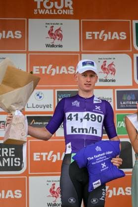 Belgian Arthur Van Den Boer of Baloise Verzekeringen-Het Poetsbureau Lions pictured on the podium after the third stage of the Tour De Wallonie cycling race, from Habay to Vaux-sur-SÃ»re (176,9 km), on Wednesday 03 June 2026. DAVIDxPINTENS  x175841410x