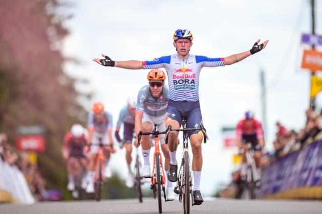 New Zealander Laurence Pithie of Red Bull-BORA-hansgrohe celebrates as he crosses the finish line to win the third stage of the Tour De Wallonie cycling race, from Habay to Vaux-sur-SÃ»re (176,9 km), on Wednesday 03 June 2026. DAVIDxPINTENS  x175841435x