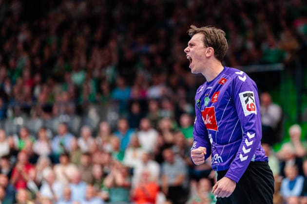Malte Semisch GWD Minden, 01 celebrates after a saved shot on goal GER, GWD Minden vs THW Kiel, Handball, 1 Bundesliga, Matchday 33, Season 2025 2026, 03 06 2026 GER, GWD Minden vs THW Kiel, Handball, 1 Bundesliga, Matchday 33, Season 2025 2026, 03 06 2026 Minden Copyright: xEibner-Pressefoto JanxRollingerx EP_JSK