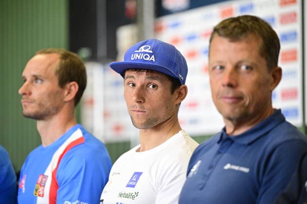Kanu, ICF Slalom Weltcup in Prag - Troja, PRessekonferenz From left Czech canoeists Vit Prindis and Jiri Prskavec and coach Jiri Prskavec Sr attend a press conference, PK, Pressekonferenz prior to ICF Canoe Slalom World Cup 2026 on June 3, 2026, in Prague, Czech Republic. World Cup slalom races to be held June 5-7 in Troja, Prague. (CTKxPhoto RomanxVondrous) CTKPhotoP2026060305197  CTKPhotoP2026060305197