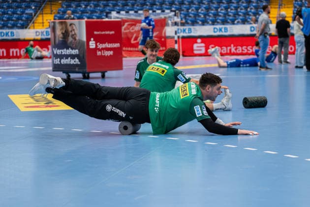 TBV Lemgo Lippe GER vs SC DHfK Leipzig GER , Handball, Daikin Handball Bundesliga, 33 Matchday, 3 6 2026, Season 2025 2026, Lemgo Domenico Ebner SC DHfK Leipzig, 01 at Aufwearmen Lemgo Phoenix Contact Arena Germany