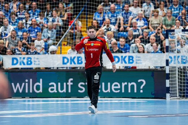TBV Lemgo Lippe GER vs SC DHfK Leipzig GER , Handball, Daikin Handball Bundesliga, 33 Matchday, 3 6 2026, Season 2025 2026, Lemgo Domenico Ebner SC DHfK Leipzig, 01 motivates himself, beats himself on the chest Lemgo Phoenix Contact Arena Germany