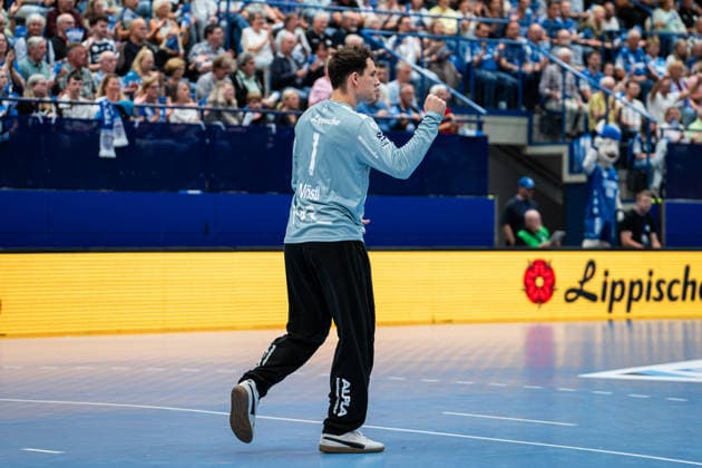 TBV Lemgo Lippe GER vs SC DHfK Leipzig GER , Handball, Daikin Handball Bundesliga, 33 Matchday, 3 6 2026, Season 2025 2026, Lemgo Constantin Moestl TBV Lemgo Lippe, 01 cheers after a save Lemgo Phoenix Contact Arena Germany