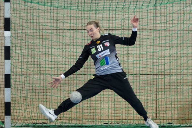 Goalkeeper Sofie Kruggel Halle, 31 , Parade, SV Union Halle Neustadt vs Füchse Berlin, Spreefüxxe, Handball Bundesliga Frauen, Relegation, First leg, Season 2025 26, 03 06 2026 Halle SWH Arena Sachsen Anhalt Germany