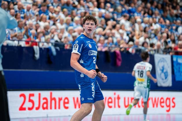 TBV Lemgo Lippe GER vs SC DHfK Leipzig GER , Handball, Daikin Handball Bundesliga, 33 Matchday, 3 6 2026, Season 2025 2026, Lemgo Joel Willecke TBV Lemgo Lippe, 24 cheers after a save Lemgo Phoenix Contact Arena Germany