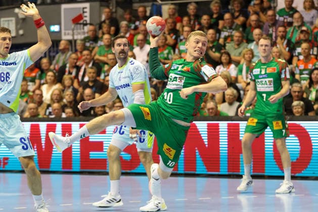 03 06 2026, xgox, Handball Daikin HBL SC Magdeburg VfL Gummersbach emspor, v l Gisli Thorgeir Kristjansson Magdeburg, 10 throws goal, Torschuetze, scores goal, Treffer, scores the goal Magdeburg