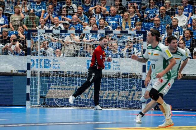 TBV Lemgo Lippe GER vs SC DHfK Leipzig GER , Handball, Daikin Handball Bundesliga, 33 Matchday, 3 6 2026, Season 2025 2026, Lemgo Domenico Ebner SC DHfK Leipzig, 01 cheers after a save Lemgo Phoenix Contact Arena Germany