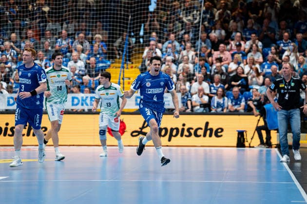 TBV Lemgo Lippe GER vs SC DHfK Leipzig GER , Handball, Daikin Handball Bundesliga, 33 Matchday, 3 6 2026, Season 2025 2026, Lemgo Samuel Zehnder TBV Lemgo Lippe, 04 cheers after a goal Lemgo Phoenix Contact Arena Germany