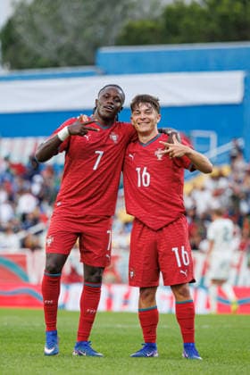 Fußball, U21, Testspiel, Portugal - Nordirland #2 Geovany Quenda and Goncalo Moreira Celebrating after goal during International Friendly, Länderspiel, Nationalmannschaft U21, U 21 game between teams of Portugal and North Ireland at Estadio Antonio Coimbra da Mota (Luis Loureiro Ball Raw Images PT) Oeiras Estadio Antonio Coimbra da Mota Portugal Copyright: xLuisxLoureirox LLOU0577