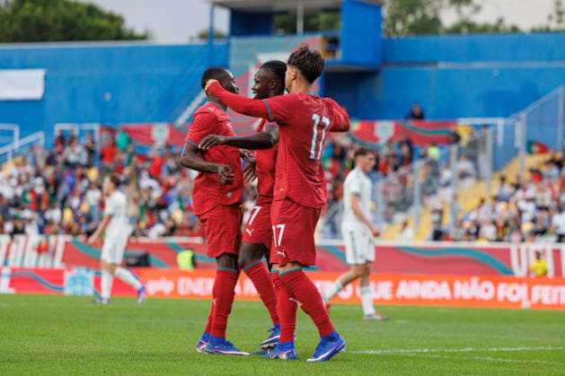 Fußball, U21, Testspiel, Portugal - Nordirland #2 Geovany Quenda Celebrating after goal during International Friendly, Länderspiel, Nationalmannschaft U21, U 21 game between teams of Portugal and North Ireland at Estadio Antonio Coimbra da Mota (Luis Loureiro Ball Raw Images PT) Oeiras Estadio Antonio Coimbra da Mota Portugal Copyright: xLuisxLoureirox LLOU0531