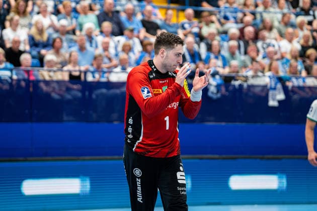 TBV Lemgo Lippe GER vs SC DHfK Leipzig GER , Handball, Daikin Handball Bundesliga, 33 Matchday, 3 6 2026, Season 2025 2026, Lemgo Domenico Ebner SC DHfK Leipzig, 01 is happy after a parade Lemgo Phoenix Contact Arena Germany
