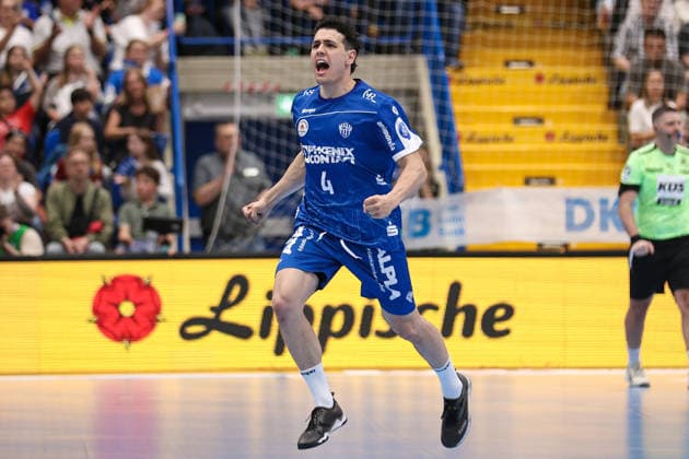 2026 06 03, xkwix, Handball, HBL, TBV Lemgo Lippe SC DHfK Leipzig, PHOENIX CONTACT arena, 33 Matchday, Season 2025 2026 Celebration after goal by Samuel Zehnder TBV Lemgo Lippe 4 Photo xKamilxWilkowskixPressefotoKochx Nordrhein Westfalen Germany