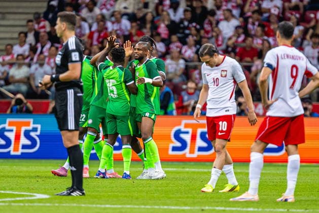 Fußball, Testspiel, Polen - Nigeria #5 Warszawa 03.06.2026. Friendly match between Poland and Nigeria in Warsaw, Poland on June 3, 2026. --- Pilka nozna mecz towarzyski Polska - Nigeria w Warszawie, Polska 3 czerwca 2026 Persons Shown: radosc pilkarzy Reprezentacji Nigerii po zdobyciu gola dla swojej druzyny, players of Nigeria celebrate after scoring a goal Fot. Rafal Baranski Arena Akcji NEWSPIX.PL --- newspix.pl 