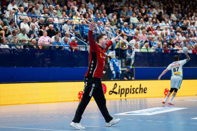 TBV Lemgo Lippe GER vs SC DHfK Leipzig GER , Handball, Daikin Handball Bundesliga, 33 Matchday, 3 6 2026, Season 2025 2026, Lemgo Domenico Ebner SC DHfK Leipzig, 01 cheers after a save Lemgo Phoenix Contact Arena Germany