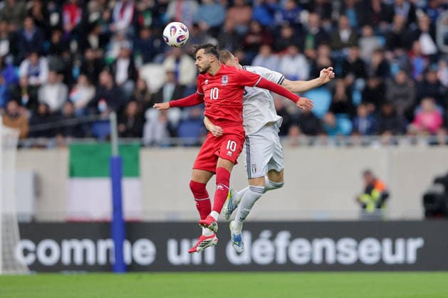 Header duel between Danel Sinani Luxembourg 10 and Luca Lipani Italy 5 Football, Season 2025 2026, Friendly match, International match 03 06 2026 National team Luxembourg Italy LUX vs ITA Stade de Luxembourg, Luxembourg