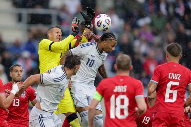 Aerial duel between Anthony Moris goalkeeper Luxembourg 1 , Christopher Martins Luxembourg 8 , Cher Ndour Italy 10 Football, Season 2025 2026, Friendly match, International match 03 06 2026 National team Luxembourg Italy LUX vs ITA Stade de Luxembourg, Luxembourg