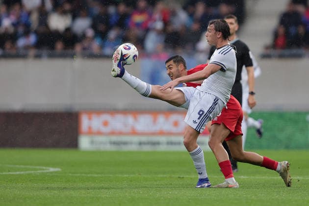 Pio Esposito Italy 9 in duel with Dirk Carlson Luxembourg 13 Football, Season 2025 2026, Friendly match, International match 03 06 2026 National team Luxembourg Italy LUX vs ITA Stade de Luxembourg, Luxembourg