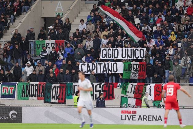Italian fans, fan block, banner Gigio unico Capitano football, season 2025 2026, friendly match, international match 03 06 2026 national team Luxembourg Italy LUX vs ITA Stade de Luxembourg, Luxembourg