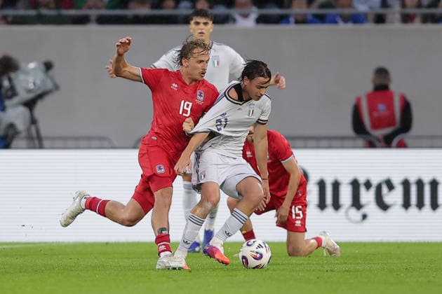 Mathias Olesen Luxembourg 19 in duel with Niccolo Pisilli Italy 21 Football, Season 2025 2026, Friendly match, International match 03 06 2026 National team Luxembourg Italy LUX vs ITA Stade de Luxembourg, Luxembourg