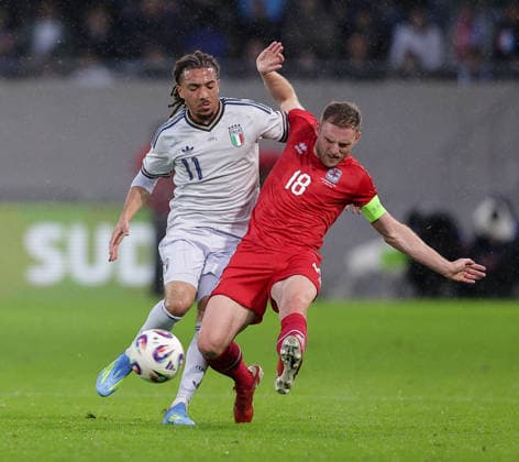 Laurent Jans captain Luxembourg 18 in duel with Luca Koleosho Italy 11 Football, Season 2025 2026, Friendly match, International match 03 06 2026 National team Luxembourg Italy LUX vs ITA Stade de Luxembourg, Luxembourg