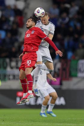 Header duel between Danel Sinani Luxembourg 10 and Luca Lipani Italy 5 Football, Season 2025 2026, Friendly match, International match 03 06 2026 National team Luxembourg Italy LUX vs ITA Stade de Luxembourg, Luxembourg