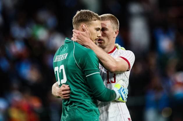 Fußball, Testspiel, DR Kongo - Dänemark #3 Danish goalkeeper Filip Jorgensen and Danish Rasmus Kristensen pictured after a friendly soccer game between the national teams of DR Congo and Denmark, Wednesday 03 June 2026 in Liege, in preparation of the upcoming the 2026 World Cup. BRUNOxFAHY  x175857664x