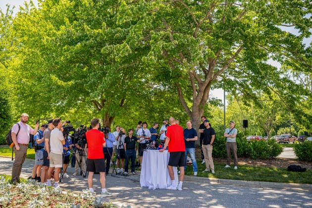 260603 Brede Hangeland, player manager of the Norwegian national football team, at a press event during day 8 of the FIFA World Cup 2026 on June 3, 2026 in Greensboro Photo Vegard Grott BILDBYRAN kod VG VG0935 bbeng fotball football soccer fotboll fifa world cup vm fotball vm norge norway precamp pre camp press event pressereff  Copyright: VEGARDxGRoTT BB260603VG030