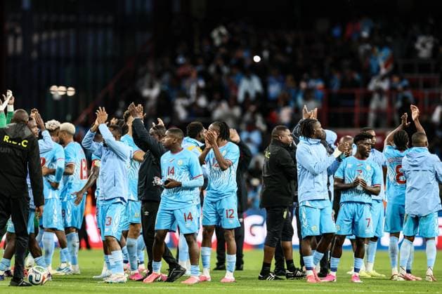 Fußball, Testspiel, DR Kongo - Dänemark #3 Congolese players pictured after a friendly soccer game between the national teams of DR Congo and Denmark, Wednesday 03 June 2026 in Liege, in preparation of the upcoming the 2026 World Cup. BRUNOxFAHY  x175857848x