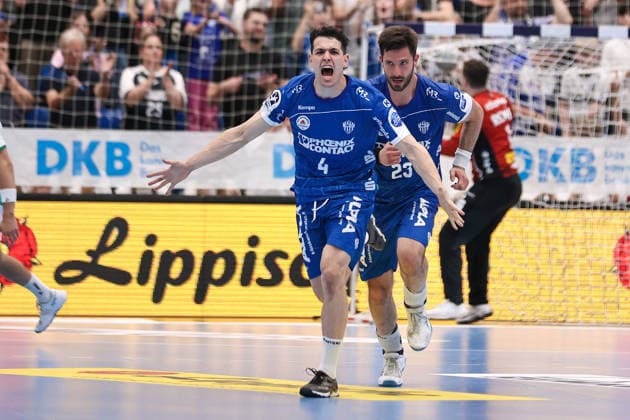 2026 06 03, xkwix, Handball, HBL, TBV Lemgo Lippe SC DHfK Leipzig, PHOENIX CONTACT arena, 33 Matchday, Season 2025 2026 Celebration after goal by Samuel Zehnder TBV Lemgo Lippe 4 Photo xKamilxWilkowskixPressefotoKochx Nordrhein Westfalen Germany