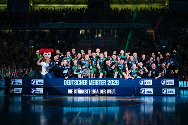 Germany HBL DAIKIN Handball Bundesliga 2025 2026, Matchday 33 SC Magdeburg vs VfL Gummersbach GETEC Arena Magdeburg Championship ceremony, cup, trophy, celebration, jubilation, emotions Copyright: xTomxLauruschkatx
