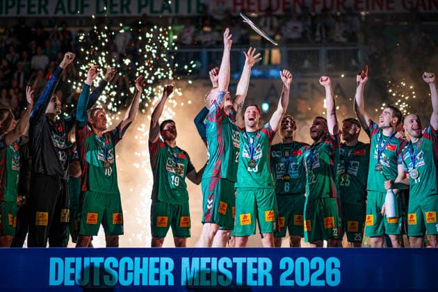 Germany HBL DAIKIN Handball Bundesliga 2025 2026, Matchday 33 SC Magdeburg vs VfL Gummersbach GETEC Arena Magdeburg Championship ceremony, cup, trophy, celebration, jubilation, emotions Copyright: xTomxLauruschkatx