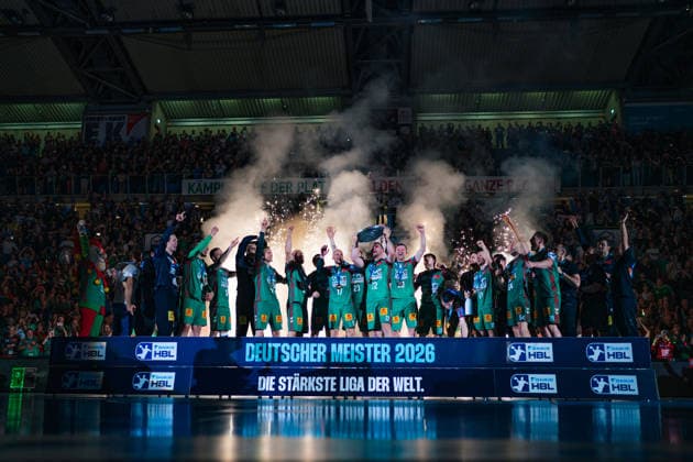 Germany HBL DAIKIN Handball Bundesliga 2025 2026, Matchday 33 SC Magdeburg vs VfL Gummersbach GETEC Arena Magdeburg Championship ceremony, cup, trophy, celebration, jubilation, emotions Copyright: xTomxLauruschkatx