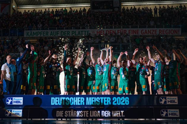 Germany HBL DAIKIN Handball Bundesliga 2025 2026, Matchday 33 SC Magdeburg vs VfL Gummersbach GETEC Arena Magdeburg Championship ceremony, cup, trophy, celebration, jubilation, emotions Copyright: xTomxLauruschkatx