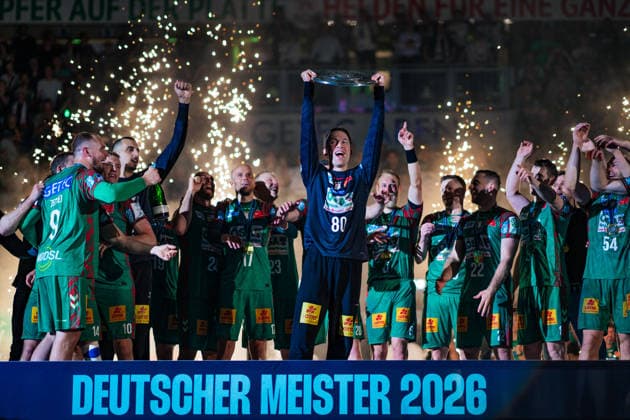 Germany HBL DAIKIN Handball Bundesliga 2025 2026, 33 Matchday SC Magdeburg vs VfL Gummersbach GETEC Arena Magdeburg Nikola Portner SC Magdeburg, 80 Championship ceremony, cup, trophy, celebration, jubilation, emotions Copyright: xTomxLauruschkatx