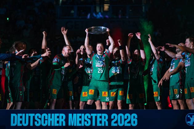 Germany HBL DAIKIN Handball Bundesliga 2025 2026, 33 Matchday SC Magdeburg vs VfL Gummersbach GETEC Arena Magdeburg Sebastian Barthold SC Magdeburg, 25 Championship ceremony, cup, trophy, celebration, jubilation, emotions Copyright: xTomxLauruschkatx
