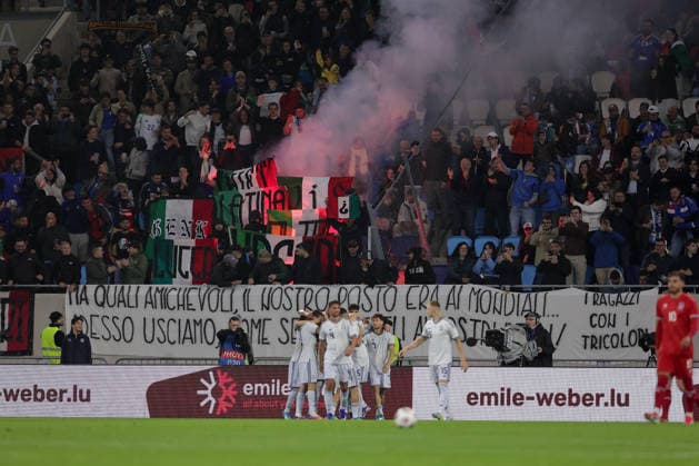 italian fans cheering after goal, Bengalo, beacon, banner football, season 2025 2026, friendly match, international match 03 06 2026 national team Luxembourg Italy LUX vs ITA Stade de Luxembourg, Luxembourg