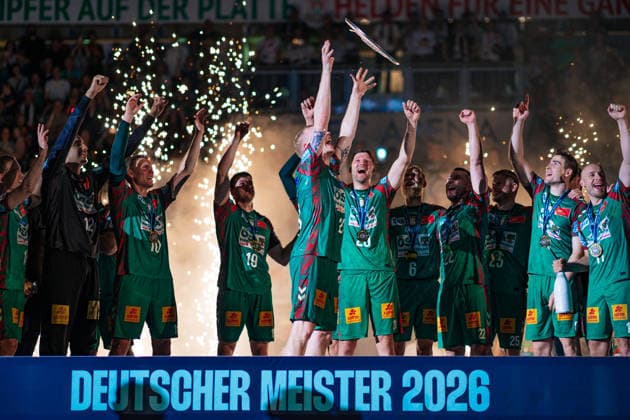 Germany HBL DAIKIN Handball Bundesliga 2025 2026, Matchday 33 SC Magdeburg vs VfL Gummersbach GETEC Arena Magdeburg Championship ceremony, cup, trophy, celebration, jubilation, emotions Copyright: xTomxLauruschkatx