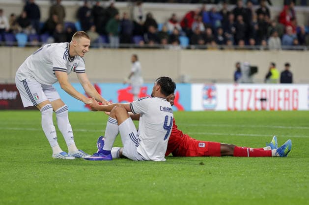 Christopher Martins Luxembourg 8 laughs after not being awarded a penalty, left Fabio Chiarodia Italy 4 Football, Season 2025 2026, Friendly match, International match 03 06 2026 National team Luxembourg Italy LUX vs ITA Stade de Luxembourg, Luxembourg