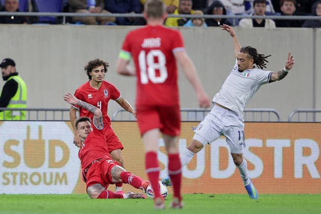 Sebastien Thill Luxembourg 21 and Diego Duarte Luxembourg 4 in duel with Luca Koleosho Italy 11 Football, Season 2025 2026, Friendly match, International match 03 06 2026 National team Luxembourg Italy LUX vs ITA Stade de Luxembourg, Luxembourg