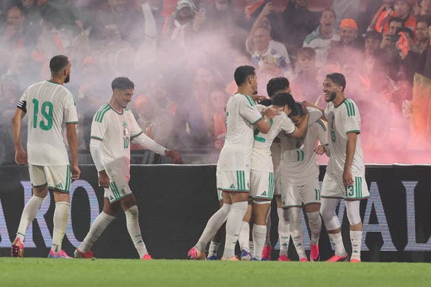 2026-06-03 Netherlands v Algeria - Friendly international football match ROTTERDAM, NETHERLANDS - JUNE 3: Nabil Bentaleb of Algeria, Fares Chiabi of Algeria, Anis Hadj Moussa of Algeria, Nadhir Bendouali of Algeria, Jaouen Hadjam of Algeria celebrates after scoring the first goal of the team during the Friendly international football match match between Netherlands and Algeria at Stadion Feijenoord on June 3, 2026 in Rotterdam, Netherlands. Rotterdam Stadion Feijenoord Netherlands Content not available for redistribution in The Netherlands directly or indirectly through any third parties. Copyright: xHansxvanxderxValkx