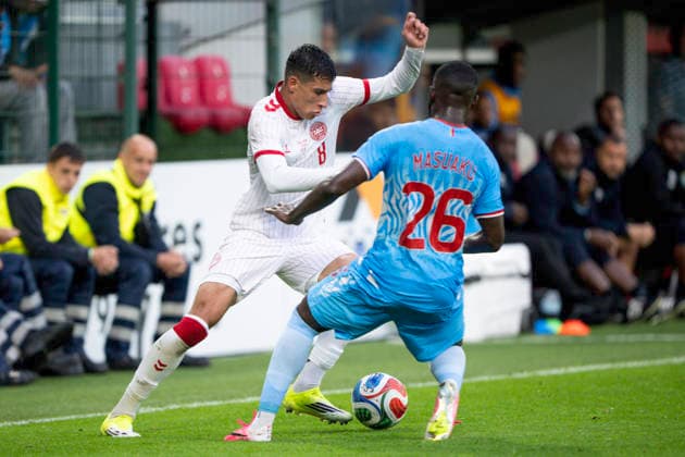 National Team Test Match DR Congo Denmark Denmark s Adam Daghim in action with DR Congo s Arthur Masuaku during the national team test match between Denmark and DR Congo at Maurice Dufrasne Stadium in Liege, Belgium on Wednesday, June 3, 2026 Photo Bo Amstrup Ritzau Scanpix , Liege Belgium Mors  Copyright: BoxAmrstrupx xRitzauxScanpix BoxAmstrupx spdk20260603-225156-L