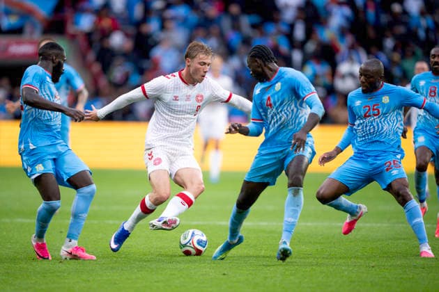 National team test match DR Congo Denmark Denmarks Rasmus Hoejlund in action with DR Congos Arthur Masuaku, Axel Tuanzebe and Joris Kayembe during the national team test match between Denmark and DR Congo at Maurice Dufrasne Stadium in Liege, Belgium Wednesday, June 3, 2026 , Liege Belgium Mors  Copyright: BoxAmrstrupx xRitzauxScanpix BoxAmstrupx spdk20260603-223246-L