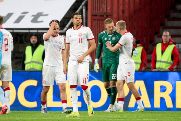 National team test match DR Congo Denmark Denmarks goalkeeper Filip Joergensen, Joakim Maehle, William Osula and Rasmus Nissen Kristensen react after the national team test match between Denmark and DR Congo at Maurice Dufrasne Stadium in Liege, Belgium Wednesday, June 3, 2026 , Liege Belgium Mors  Copyright: BoxAmrstrupx xRitzauxScanpix BoxAmstrupx spdk20260603-221634-L