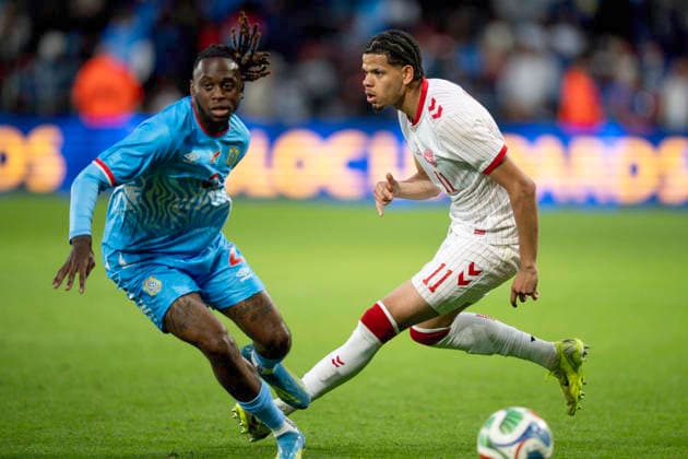 National team test match DR Congo Denmark Denmarks William Osula in action with DR Congos Aaron Wan Bissaka during the national team test match between Denmark and DR Congo at Maurice Dufrasne Stadium in Liege, Belgium Wednesday June 3, 2026 , Liege Belgium Mors  Copyright: BoxAmrstrupx xRitzauxScanpix BoxAmstrupx spdk20260603-221654-L