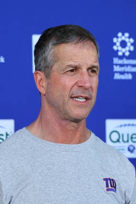 EAST RUTHERFORD, NJ- JUNE 03: John Harbaugh head coach of the New York Giants speaks at the podium after OTA Practice on June 3, 2026 at Quest Diagnostic Center in East Rutherford, New Jersey. (Photo by Rich Graessle Icon Sportswire) NFL, American Football Herren, USA JUN 03 New York Giants OTA EDITORIAL USE ONLY Icon26060326494