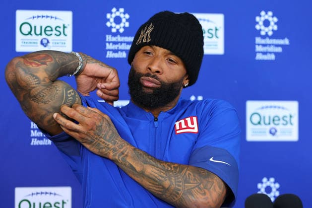 EAST RUTHERFORD, NJ- JUNE 03: Odell Beckham Jr. 3 of the New York Giants answers questions after OTA Practice on June 3, 2026 at Quest Diagnostic Training Center in East Rutherford, New Jersey. (Photo by Rich Graessle Icon Sportswire) NFL, American Football Herren, USA JUN 03 New York Giants OTA EDITORIAL USE ONLY Icon26060326544