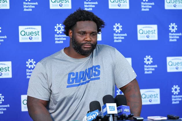 EAST RUTHERFORD, NJ- JUNE 03: DJ Reader 98 of the New York Giants answers questions after OTA Practice on June 3, 2026 at Quest Diagnostic Training Center in East Rutherford, New Jersey. (Photo by Rich Graessle Icon Sportswire) NFL, American Football Herren, USA JUN 03 New York Giants OTA EDITORIAL USE ONLY Icon26060326551