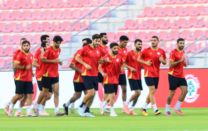 Lebanon team press conference, PK, Pressekonferenz and Training Lebanon national team, Nationalteam players warm up during a training session at Grand Hamad Stadium in Doha, Qatar, on June 3, 2026, on the eve of their AFC Asian Cup Saudi Arabia 2027 Qualifiers Group B match against Yemen. DOHA Qatar Copyright: xNOUSHADx